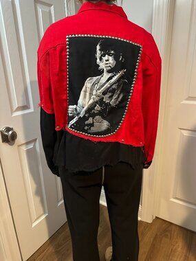 Red and Black Color Block Studded Jean Jacket with Rolling Stones Keith Richards